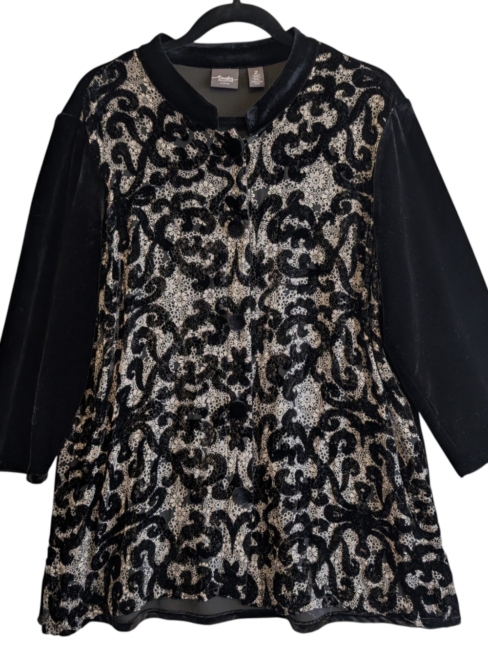Chicos travelers collection Silk Blend Burnout Velvet Jacket S Black Tunic Top